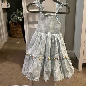 Tahari 3T summer dress. Light blue gingham with pink blue and white Pom Pom.